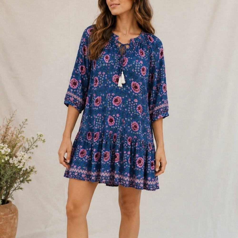 Natalie Martin Stevie Azure Floral Tassel Mini Dress Boho Cottagecore Size Small